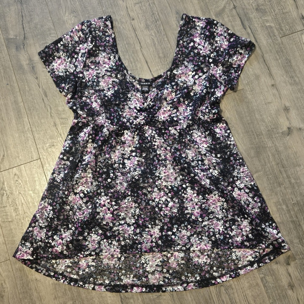 Torrid Babydoll Tunic Top Sz 0 (L) Black Floral Sheer Lace Fairy Dark Cottagcore